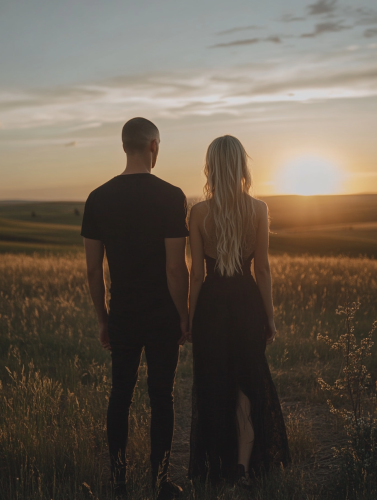 Couple in black shoes watching sunset, natural tones.