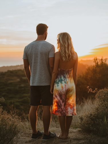 Couple in casual attire, looking at sunset view.