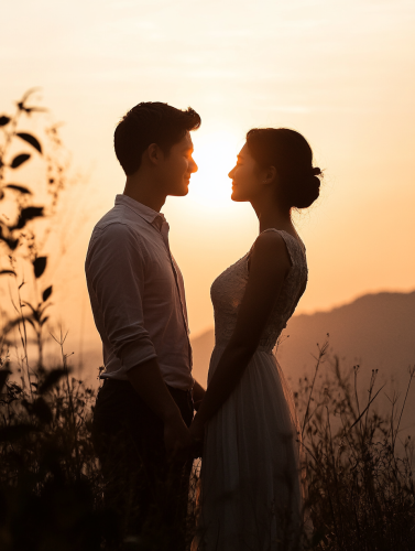 Couple in front of sunset, realistic portrait shot.