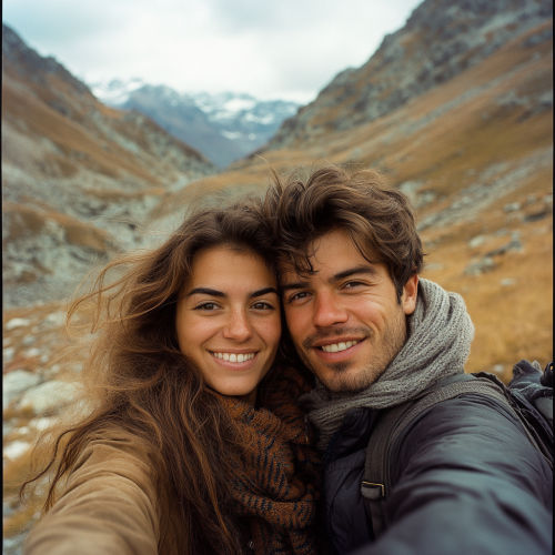 Couple taking mountain selfie with emotive faces, specialist. Couple taking mountain selfie with emotive faces, specialist.