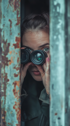 Covert spy watches closely, hidden from view.