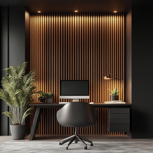 Cozy, professional office with warm lighting and plants