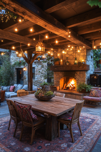 Cozy, rustic patio with reclaimed wood furniture.