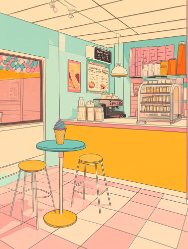 Cozy 80's Cafe with Ice Cream and Coffee