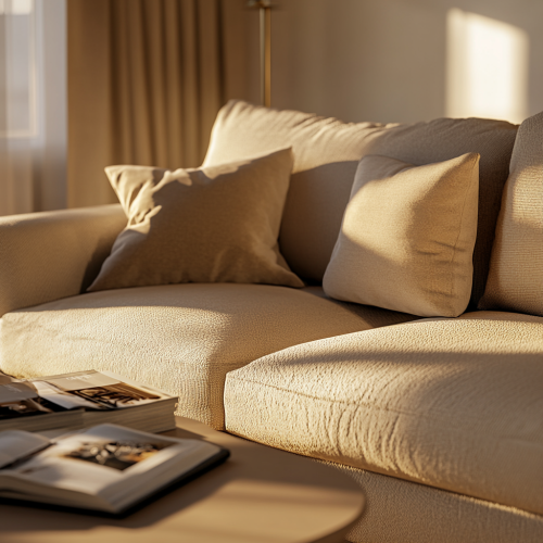 Cozy American living room with beige couch