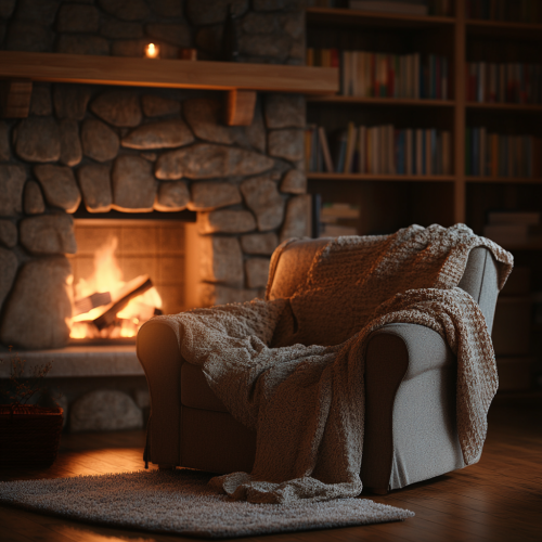 Cozy American living room with fireplace and armchair
