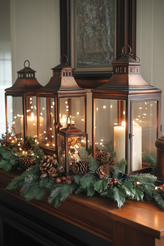 Cozy Christmas Fireplace with Lantern Glow. Cozy Christmas Fireplace with Lantern Glow.