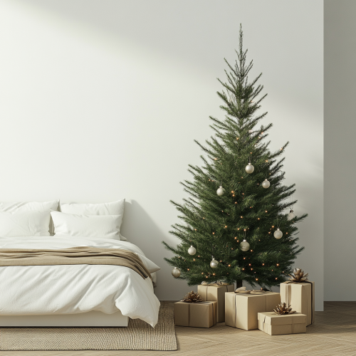 Cozy Christmas Room with Tree, Gifts, Bed