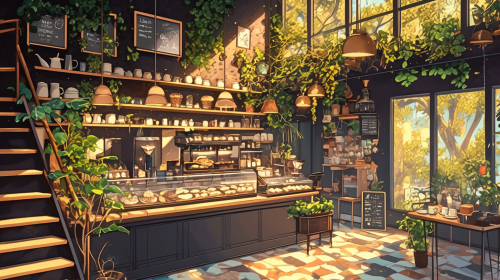 Cozy Coffee Shop Interior with Pastries and Greenery