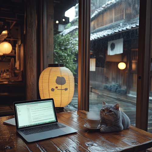 Cozy Ghibli-inspired café in Kyoto with Munchkin cat. Cozy Ghibli-inspired café in Kyoto with Munchkin cat.