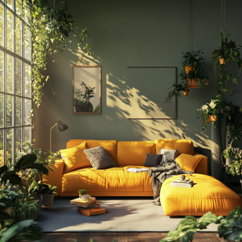 Cozy Livingroom with Moss Green, Warm Taupe and Burnt Orange 