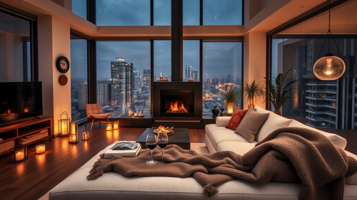 Cozy Modern Apartment Interior with Autumn Night View