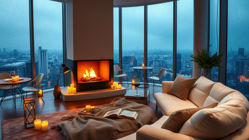 Cozy Modern Apartment with Fireplace on Rainy Night