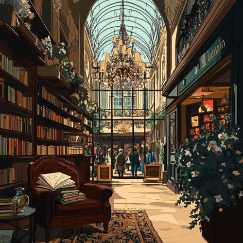 Cozy Parisian interior overlooking bustling vintage shopping arcade. Cozy Parisian interior overlooking bustling vintage shopping arcade.