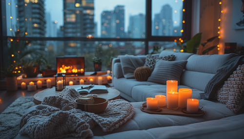 Cozy apartment with fireplace, candles, blanket, and rain