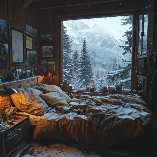 Cozy bedroom in cabin with snowy view