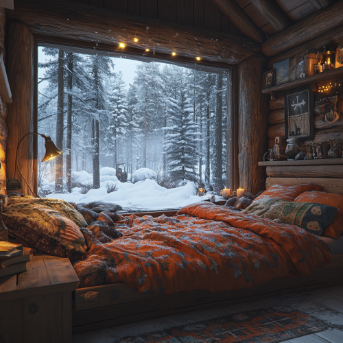 Cozy bedroom in snowy forest cabin