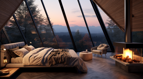 Cozy bedroom with fireplace, large windows, mountains view.