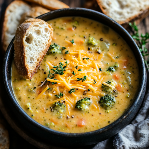 Cozy bowl of broccoli cheddar soup with bread