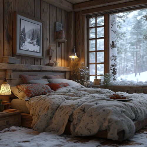 Cozy cabin bedroom with snow view outside Cozy cabin bedroom with snow view outside