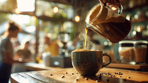 Cozy coffee shop, artisanal decor, creamy coffee pouring.