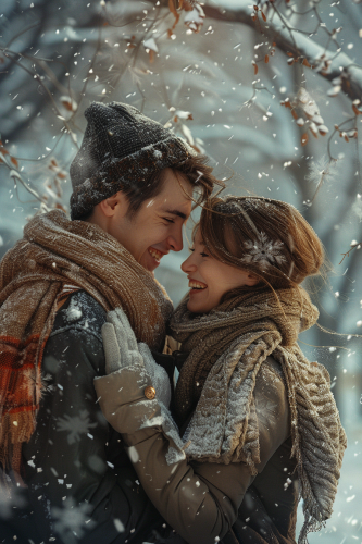 Cozy couple walk in snowy park, playing and laughing.