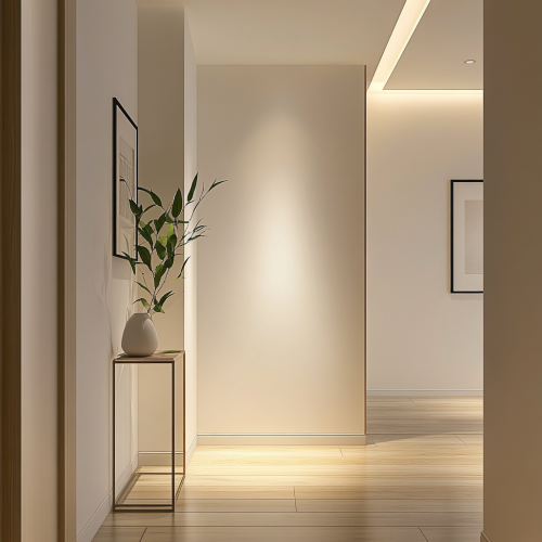 Cozy hallway with clean white wall and soft lighting. Cozy hallway with clean white wall and soft lighting.