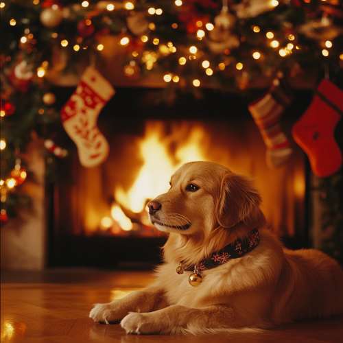 Cozy holiday scene with cat near fireplace.
