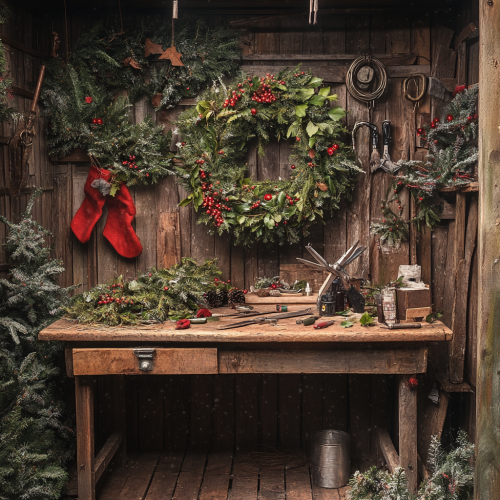 Cozy holiday wreath crafting setup with fir and holly.