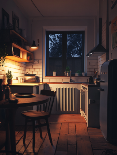 Cozy kitchen at night with dining table and plants