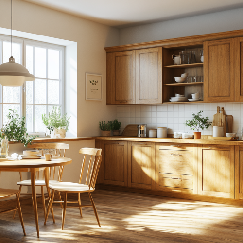 Cozy kitchen with wooden cabinets and breakfast nook