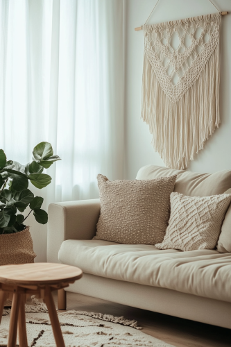 Cozy living room with beige sofa and plants