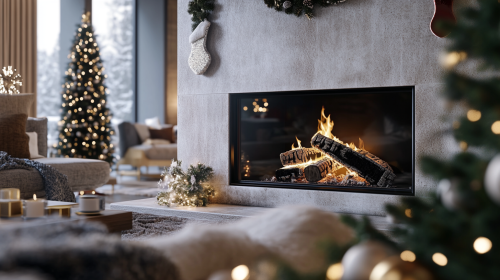 Cozy living room with fireplace and Christmas decorations Cozy living room with fireplace and Christmas decorations