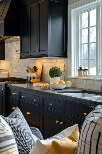 Cozy modern kitchen with Coal Comfort cabinets.