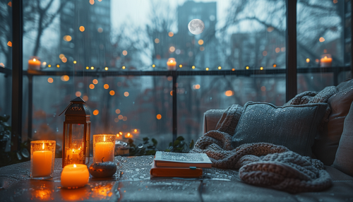 Cozy modern skyscraper apartment with fireplace and books