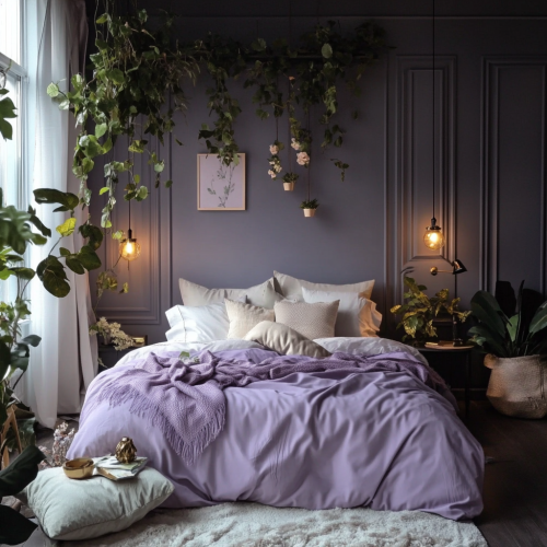 Cozy moody chic bedroom with elegant lighting