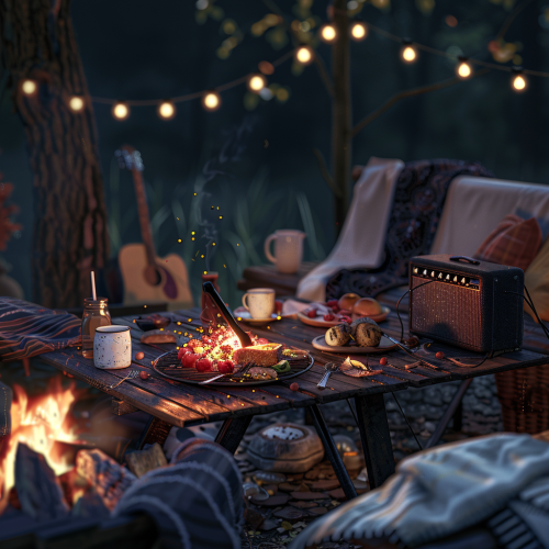 Cozy outdoor dinner with friends by bonfire