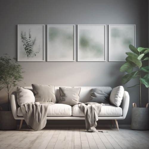 Cozy room with Nordic furniture, blank frames above sofa