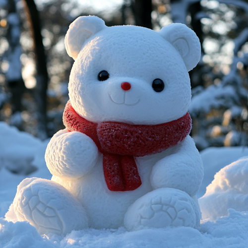 Cozy snow bear with red scarf in winter landscape