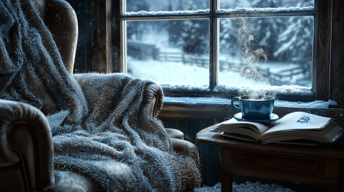 Cozy winter scene: armchair, blanket, tea, book, snow