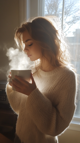 Cozy woman in cashmere sweater sips coffee at home