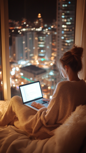 Cozy woman in window seat with laptop
