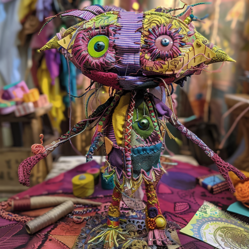 Craft Elemental made of fabric, yarn, paper, clay.