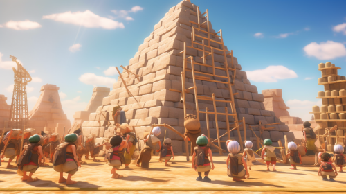 Craftsmen lift stones at pyramid construction site with Anku