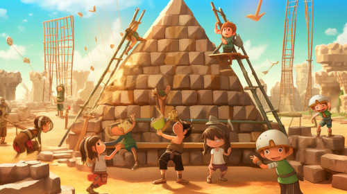 Craftsmen lifting stone blocks at sunny pyramid construction site