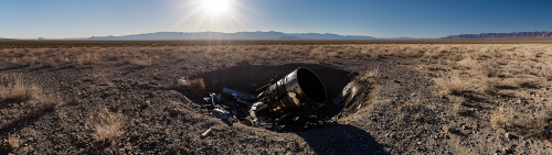 Crashed satellite in deep desert hole, charred with metal.