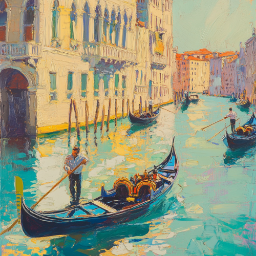 Crayon drawing of gondoliers' reflections in Venice waters.