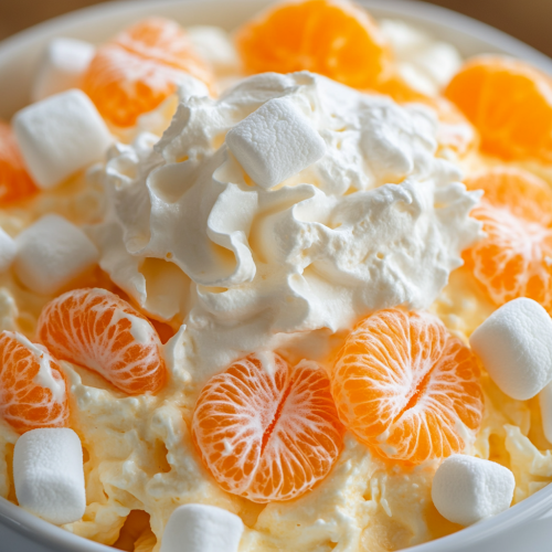 Creamsicle fluff dessert with mandarin oranges and marshmallows
