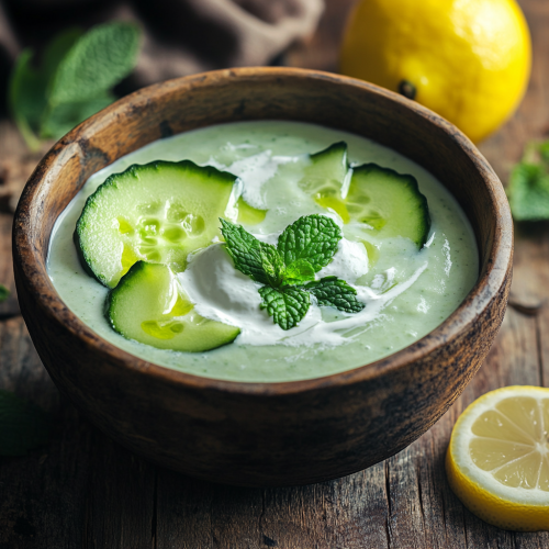 Creamy cucumber yogurt soup in rustic bowl with mint