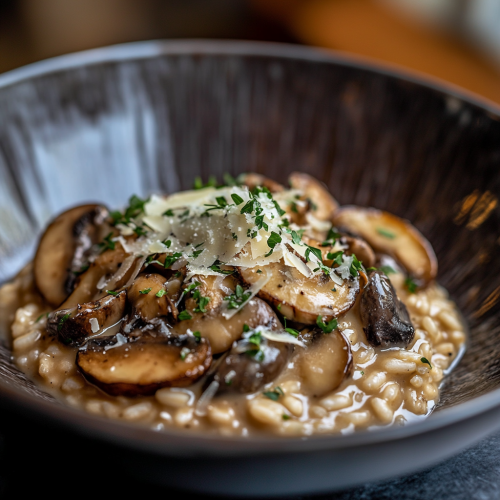 Creamy mushroom risotto topped with parmesan and parsley